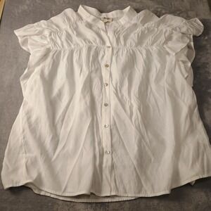 BIBI Blouse Womens Large White Button Front Ruffle Flutter Sleeve Tunic Top